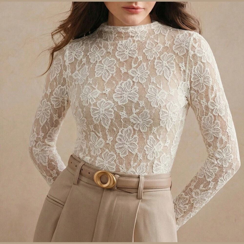 Cream Sheer Floral Lace Long Sleeve Mock Neck Top